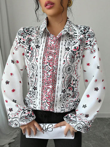 Clasi Lantern Sleeve Print Women Long Sleeve Elegant Blouse, Spring & Autumn