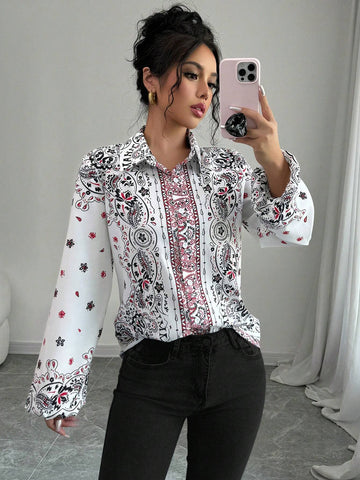 Clasi Lantern Sleeve Print Women Long Sleeve Elegant Blouse, Spring & Autumn