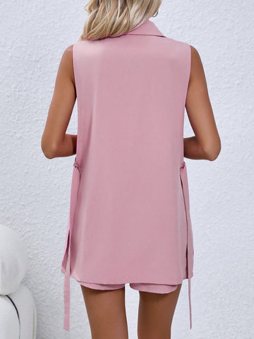 Lapel Neck Belted Vest Coat & Shorts
