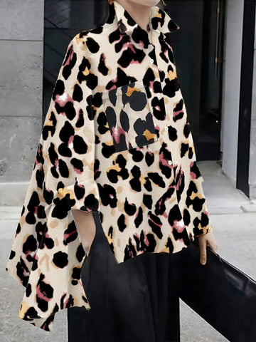 Clasi Leopard Print Asymmetrical Hem Casual Shirt For Women