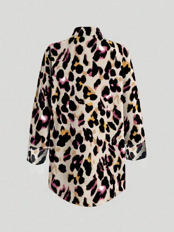 Clasi Leopard Print Asymmetrical Hem Casual Shirt For Women