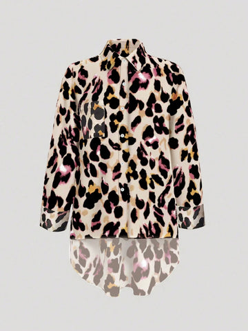 Clasi Leopard Print Asymmetrical Hem Casual Shirt For Women