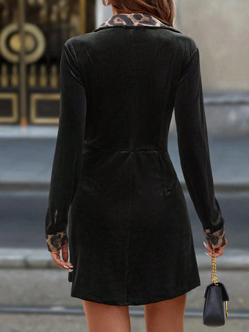 Leopard Print Collar & Button Detail Long Sleeve A-Line Dress