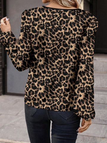 Clasi Leopard Print Contrast Black Minimalist Design Women Long Sleeve Shirt, Suitable For Autumn/Winter