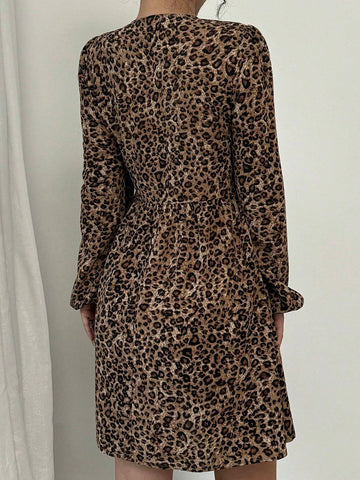 Leopard Print Long Sleeve A-Line Dress