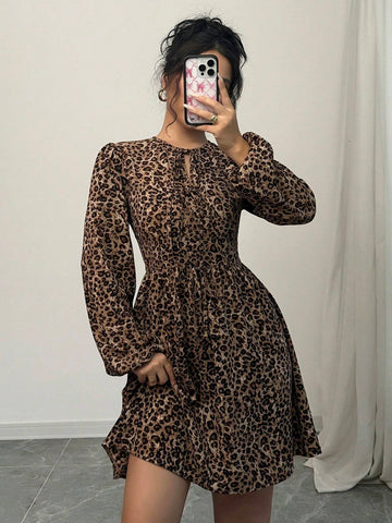 Leopard Print Long Sleeve A-Line Dress