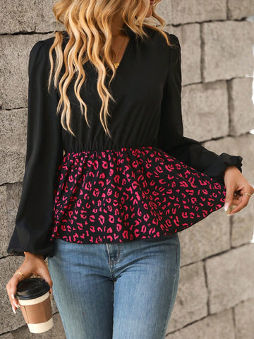 Leopard Print Notched Neckline Lantern Sleeve Peplum Blouse