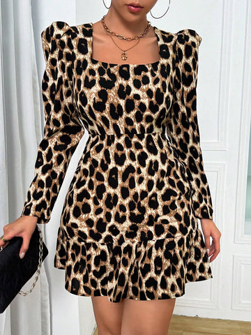 Leopard Print Puff Sleeve Crew Neck Dress, Casual And Fashionable For Daily Wear
