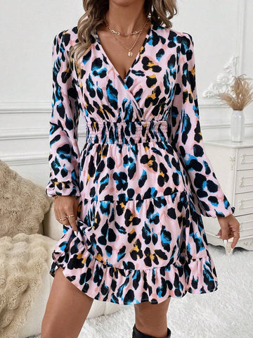 Leopard Print Shirred Crossed Shirred Front Ruffle Hem Long Sleeve Women Dress
