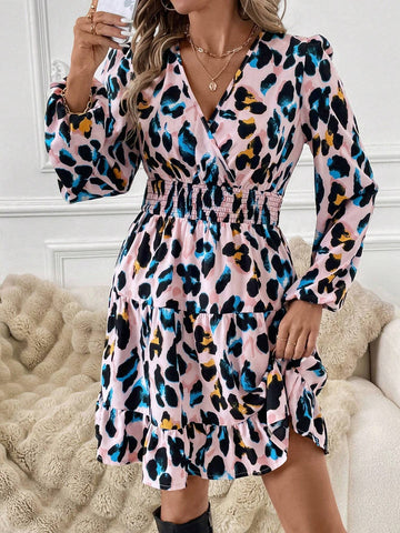 Leopard Print Shirred Crossed Shirred Front Ruffle Hem Long Sleeve Women Dress