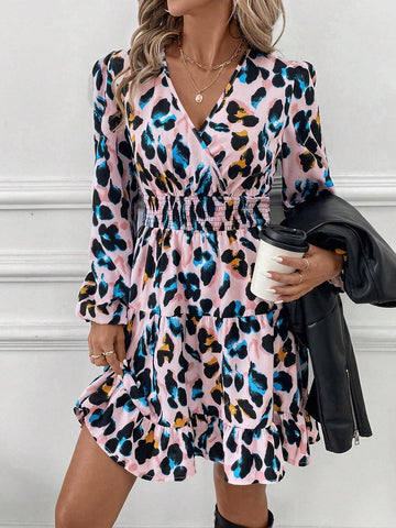 Leopard Print Shirred Crossed Shirred Front Ruffle Hem Long Sleeve Women Dress