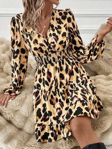 Leopard Print Shirred Shirred Ruffle Hem Long Sleeve Women Dress