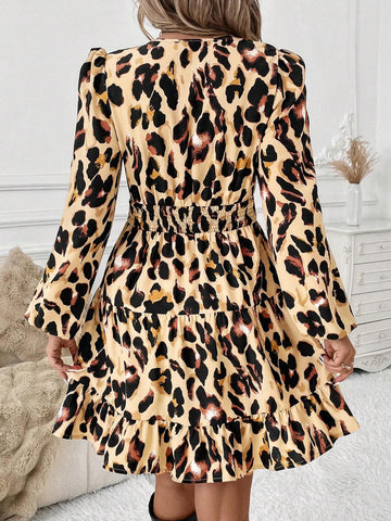 Leopard Print Shirred Shirred Ruffle Hem Long Sleeve Women Dress