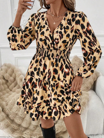 Leopard Print Shirred Shirred Ruffle Hem Long Sleeve Women Dress