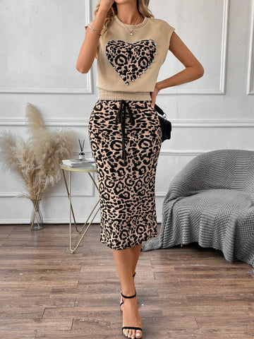 Leopard Print Top & Drawstring Waist Skirt