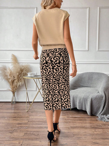 Leopard Print Top & Drawstring Waist Skirt