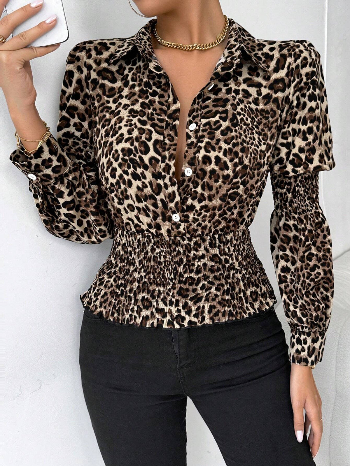 Clasi Leopard Print Turn-Down Collar Long Sleeve Button Front Shirt