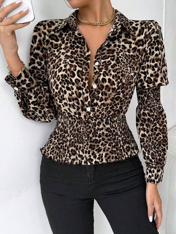 Clasi Leopard Print Turn-Down Collar Long Sleeve Button Front Shirt