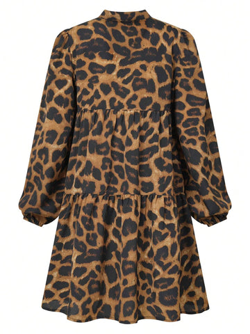Leopard Print V-Neck Casual Simple Dress, Everyday Wear