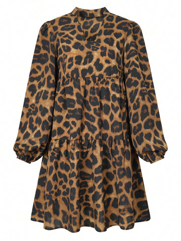 Leopard Print V-Neck Casual Simple Dress, Everyday Wear