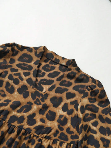 Leopard Print V-Neck Casual Simple Dress, Everyday Wear