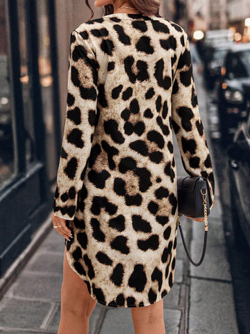 Leopard Print V-Neck Commuter & Casual Dress For Women