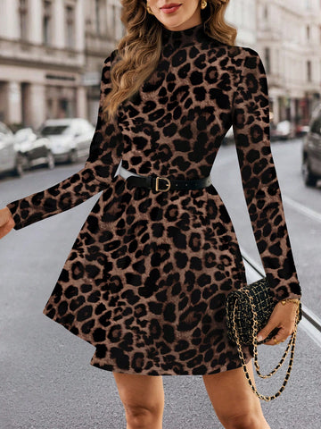 Leopard Print Waist-Cinching A-Line Dress For Women