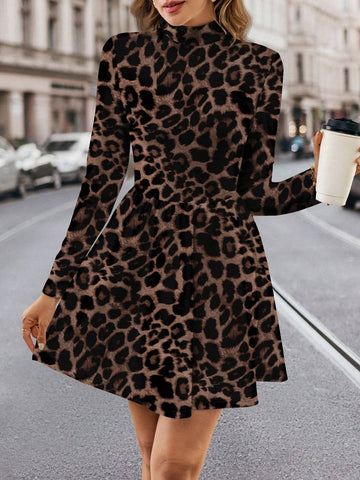 Leopard Print Waist-Cinching A-Line Dress For Women