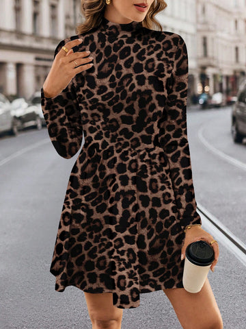 Leopard Print Waist-Cinching A-Line Dress For Women