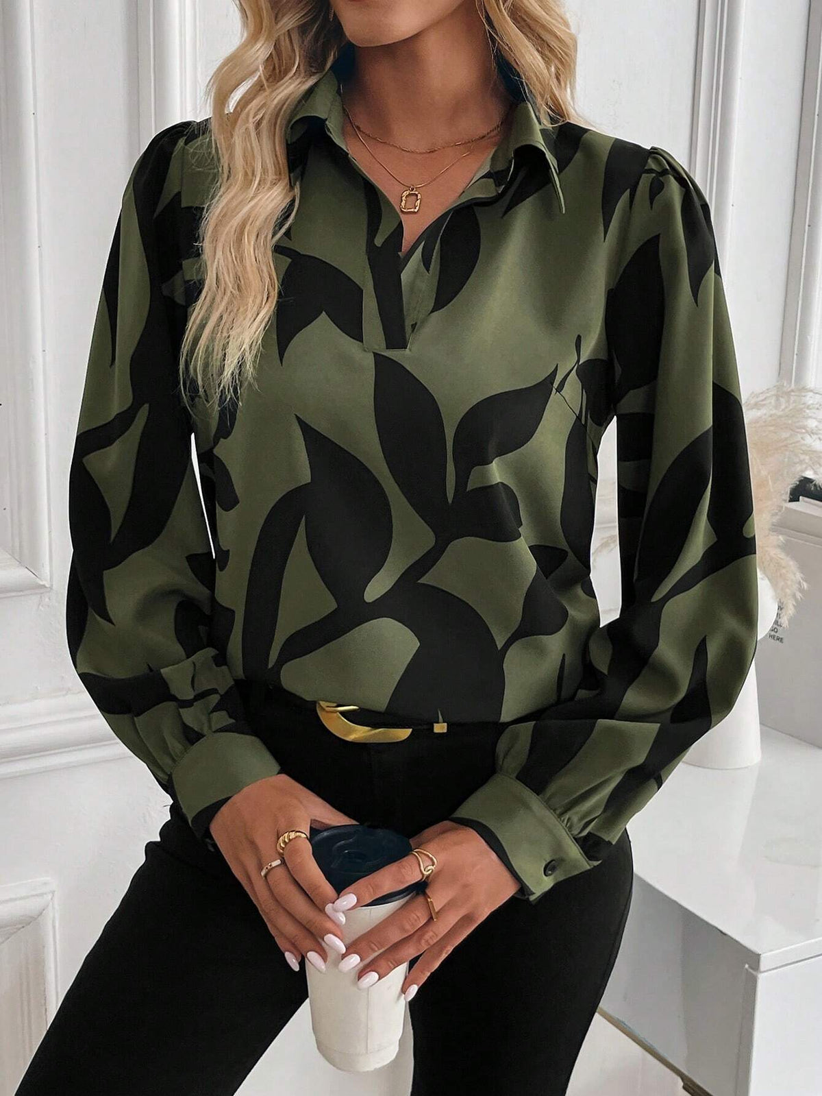Clasi Long Sleeve All-Over Print Shirt Collar Casual Top