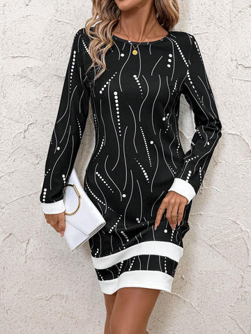 Long Sleeve Line Print Round Neck Women Dress, Autumn/Winter