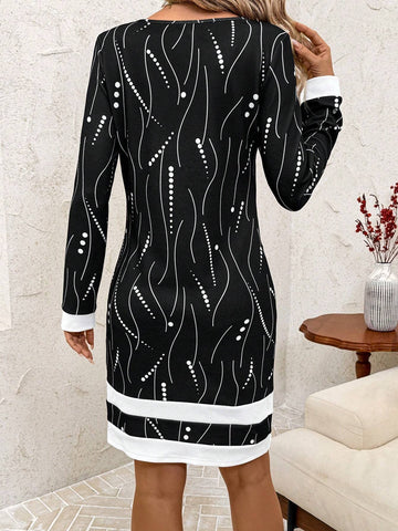 Long Sleeve Line Print Round Neck Women Dress, Autumn/Winter