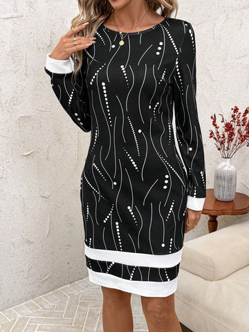 Long Sleeve Line Print Round Neck Women Dress, Autumn/Winter
