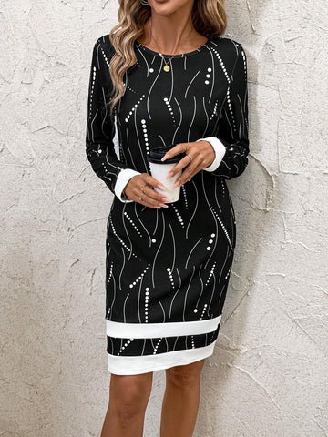 Long Sleeve Line Print Round Neck Women Dress, Autumn/Winter
