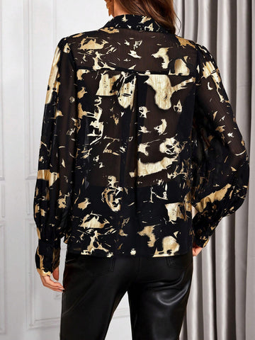 Clasi Long Sleeve Shirt With Front Buttons And Metallic Foil Print, Casual Wear
