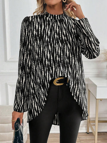 Clasi Long Sleeve Stand Collar All-Over Allover Print Casual Shirt