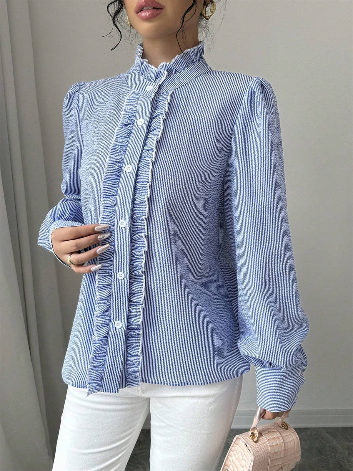Clasi Long Sleeve Striped Button-Front Shirt With Ruffle Trim, Casual Everyday Wear