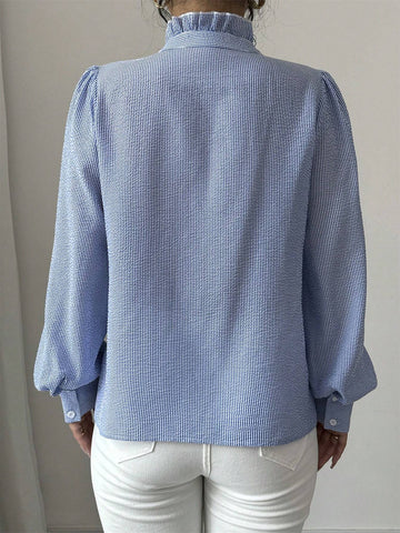 Clasi Long Sleeve Striped Button-Front Shirt With Ruffle Trim, Casual Everyday Wear