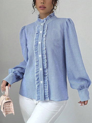 Clasi Long Sleeve Striped Button-Front Shirt With Ruffle Trim, Casual Everyday Wear