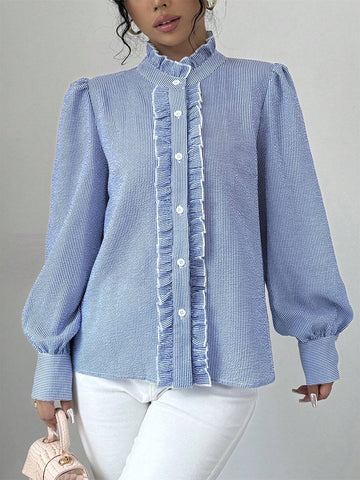 Clasi Long Sleeve Striped Button-Front Shirt With Ruffle Trim, Casual Everyday Wear