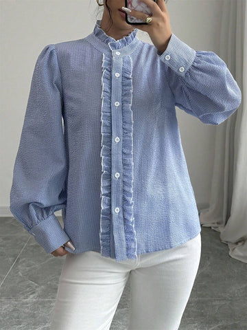 Clasi Long Sleeve Striped Button-Front Shirt With Ruffle Trim, Casual Everyday Wear