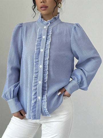Clasi Long Sleeve Striped Button-Front Shirt With Ruffle Trim, Casual Everyday Wear