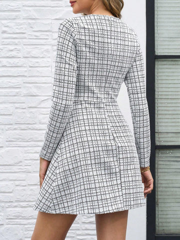 Metallic Thread Round Neck Plaid Print Long Sleeve Short Dress For Women, Autumn/Winter