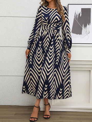 Minimalist Design Waist Cinched Waist Elegant Long Dress, Autumn/Winter