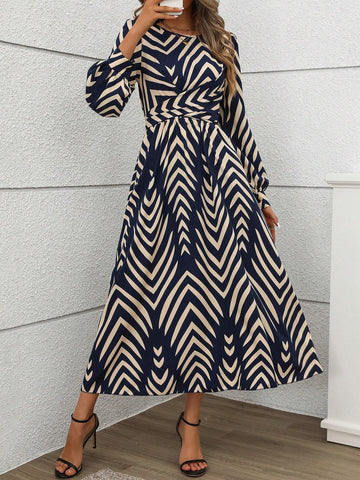 Minimalist Design Waist Cinched Waist Elegant Long Dress, Autumn/Winter