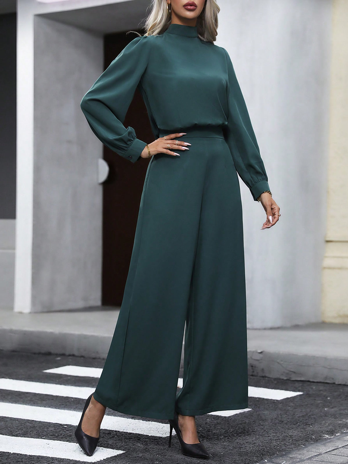 Mock Neck Blouse & Wide Leg Pants