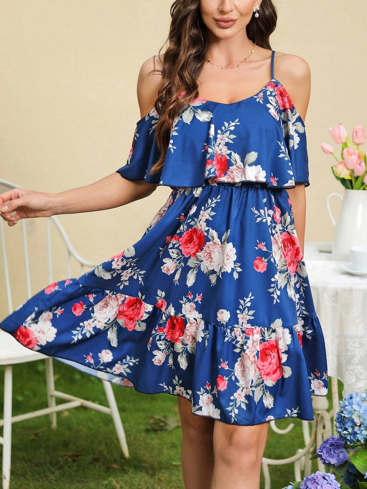 Off-The-Shoulder Floral Chiffon Dress