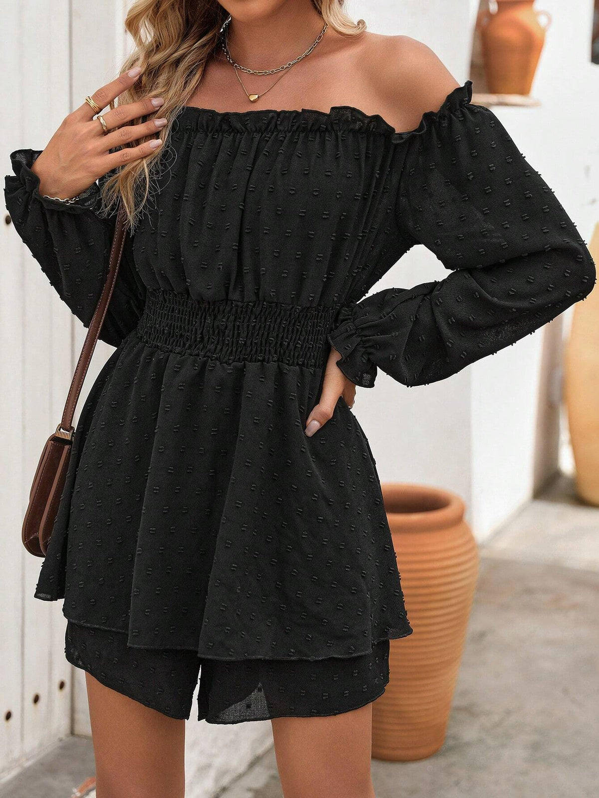 Off Shoulder Shirred Waist Flounce Sleeve Romper