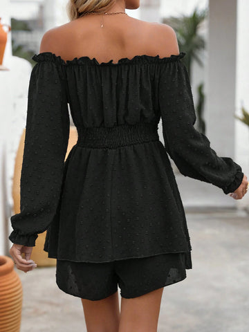 Off Shoulder Shirred Waist Flounce Sleeve Romper