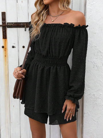 Off Shoulder Shirred Waist Flounce Sleeve Romper